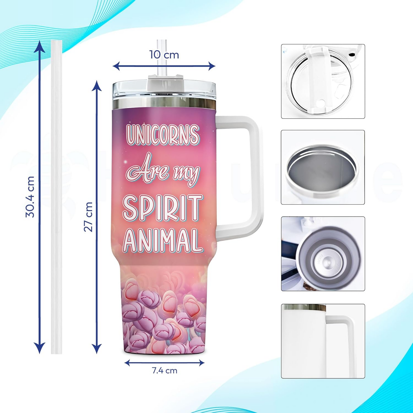 Sparkling Unicorn Tumbler 40oz with Handle & Straw – Personalized Stainless Steel Cup with Lid – Cute Fantasy Gift for Girls & Women