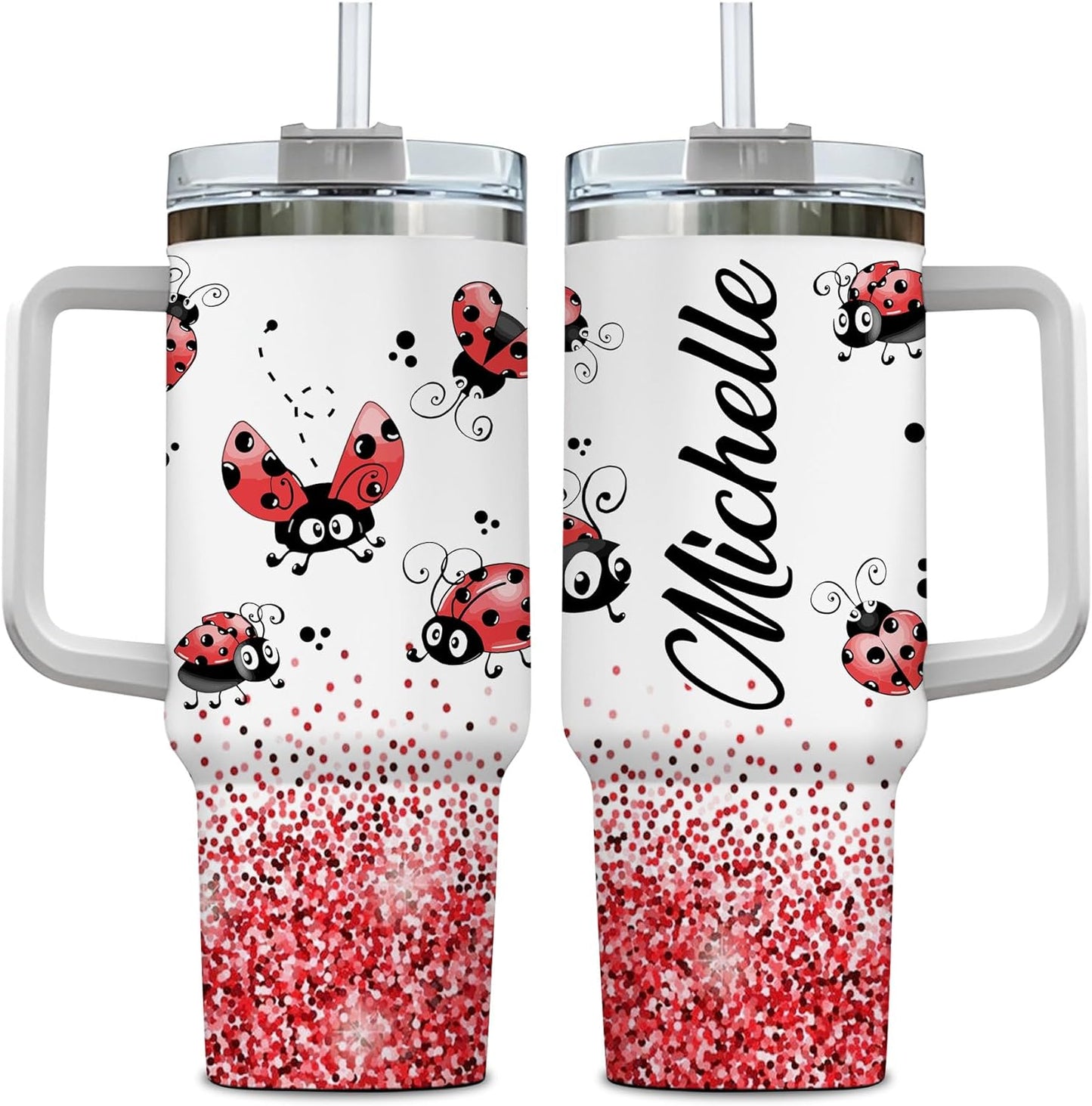 Cute Ladybug Glitter Tumbler 40oz with Handle & Straw – Personalized Stainless Steel Travel Cup with Lid – Adorable Gift for Ladybug Lovers