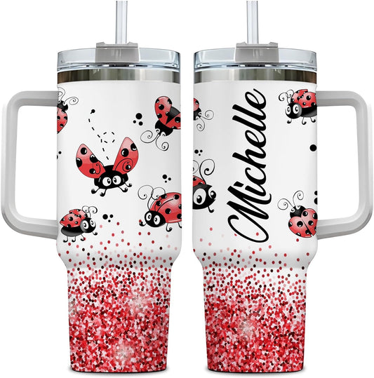 Cute Ladybug Glitter Tumbler 40oz with Handle & Straw – Personalized Stainless Steel Travel Cup with Lid – Adorable Gift for Ladybug Lovers