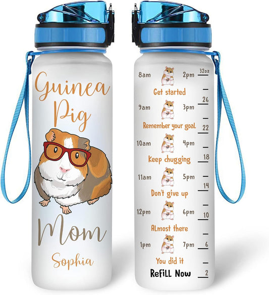 Guinea Pig Mom Water Bottle Tracker 32oz – Personalized Hydration Bottle with Time Marker – Cute Gift for Pet Lovers
