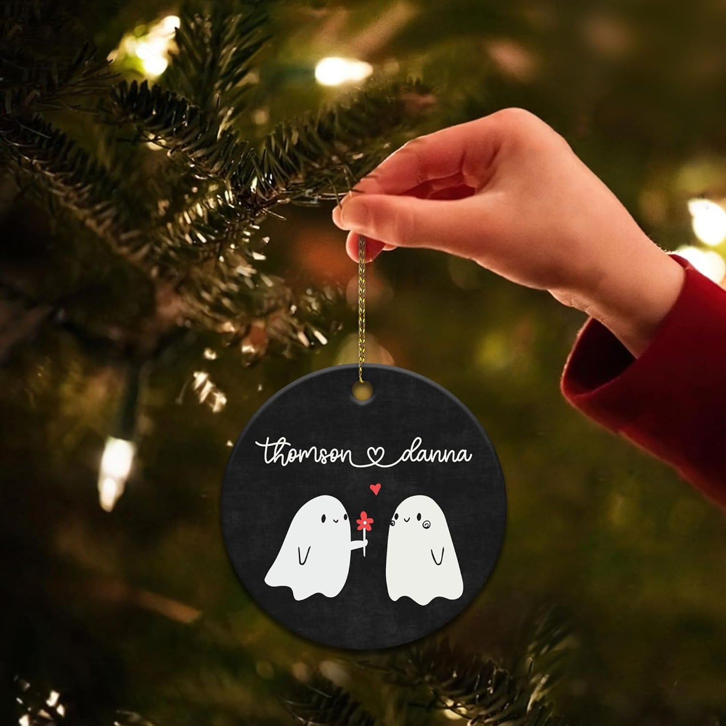 Cute Ghost Couple Black Ceramic Ornament – Personalized Custom Name Circle Keepsake, Funny Halloween or Anniversary Gift for Couples