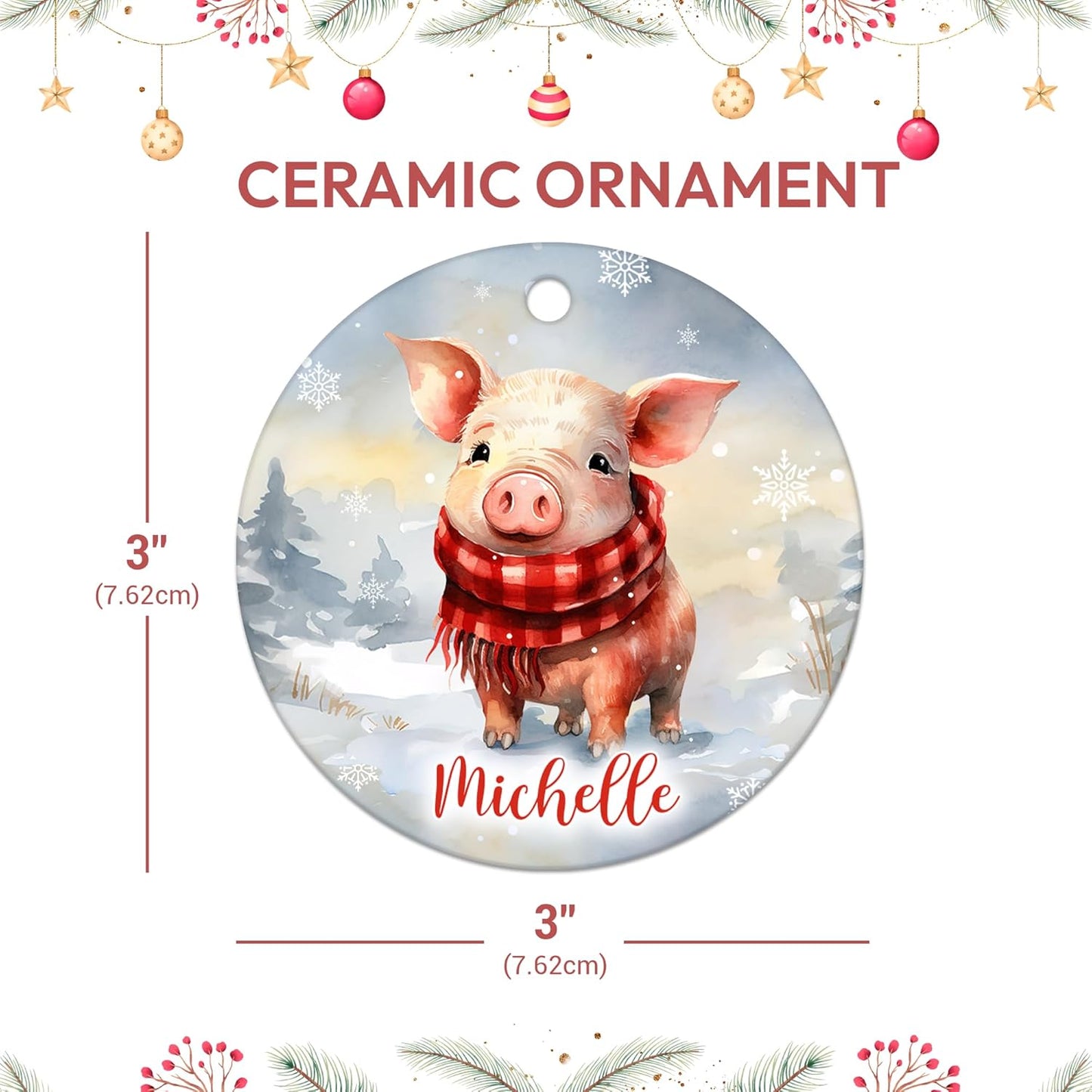 Cute Pig Winter Ceramic Ornament – Personalized Christmas Gift for Animal Lover, Farmer or Country Decor Fan