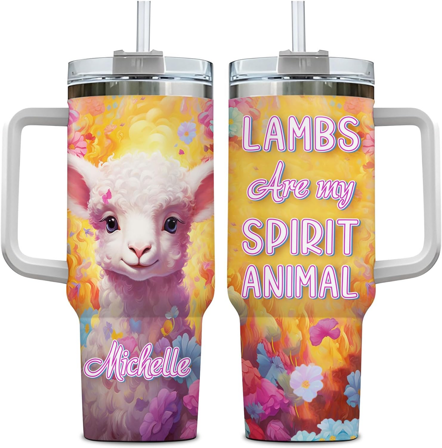 Cute Lamb Spirit Animal Tumbler 40oz – Personalized Stainless Steel Insulated Cup with Handle & Straw – Unique Gift for Sheep Lovers