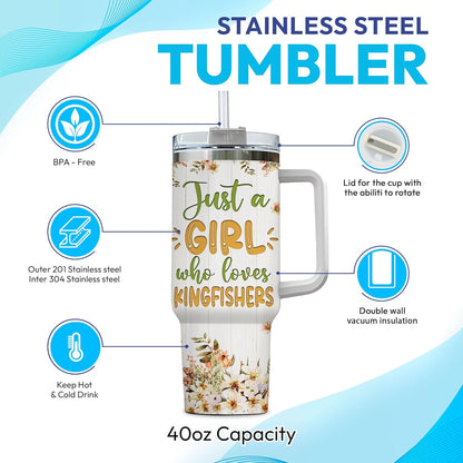 Kingfisher Tumbler 40oz – Personalized Stainless Steel Insulated Travel Cup with Handle & Straw – Artistic Bird Mug Gift for Women & Girls