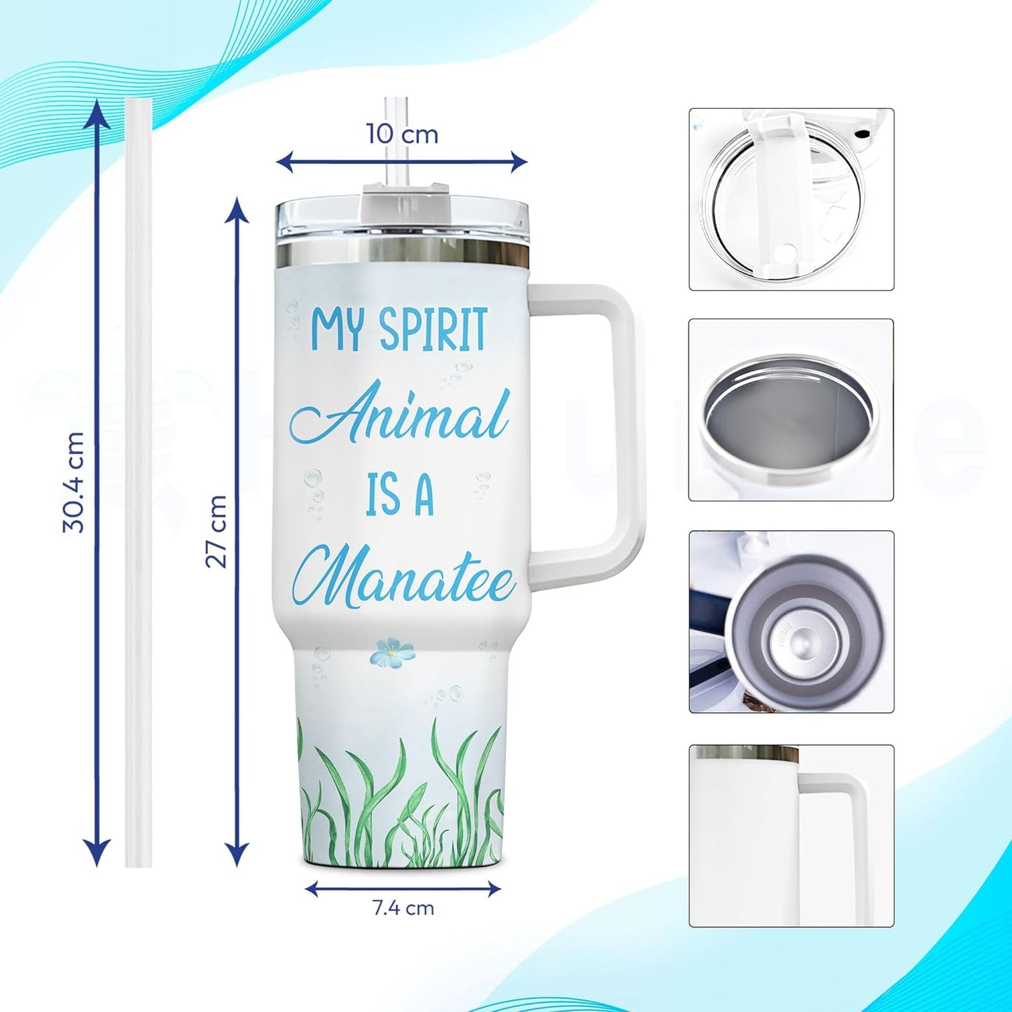 Manatee Ocean Theme Tumbler 40oz with Handle & Straw – Personalized Stainless Steel Insulated Cup with Lid – Cute Gift for Sea Animal Lovers