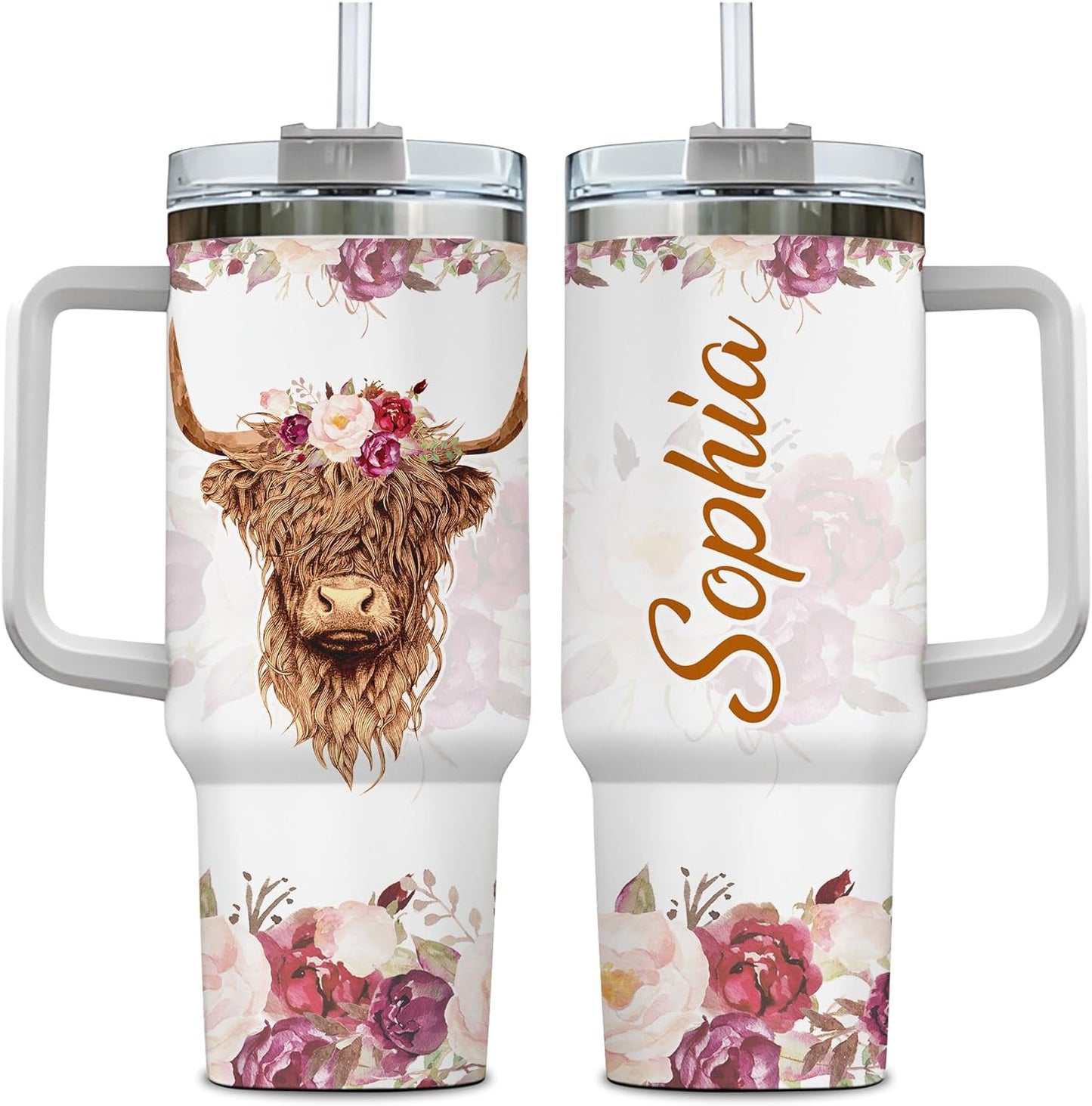 Highland Cow Floral Tumbler 40oz – Personalized Stainless Steel Insulated Cup with Handle & Straw – Unique Gift for Cow Lovers