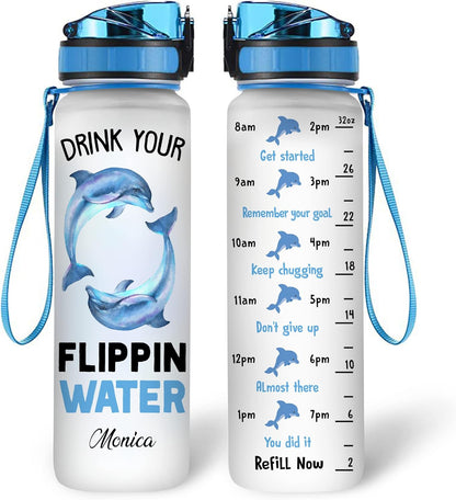 Dolphin Flippin Water Bottle Tracker 32oz – Personalized Motivational Hydration Bottle with Time Marker – Fun Gift for Dolphin Lovers