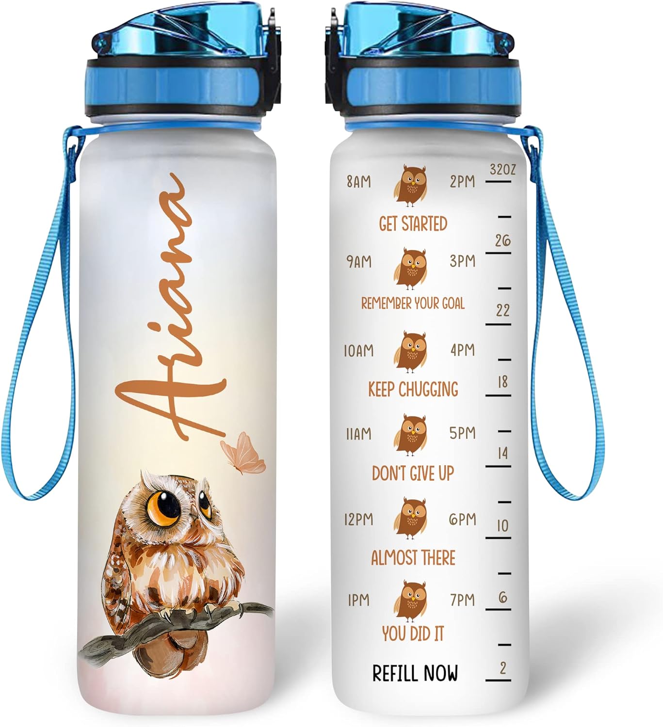 Cute Owl Water Bottle Tracker 32oz – Personalized Motivational Bottle with Time Marker – Thoughtful Gift for Owl Lovers