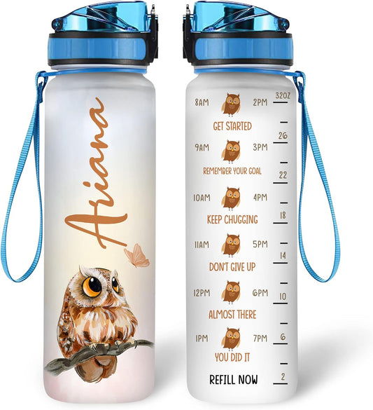 Cute Owl Water Bottle Tracker 32oz – Personalized Motivational Bottle with Time Marker – Thoughtful Gift for Owl Lovers