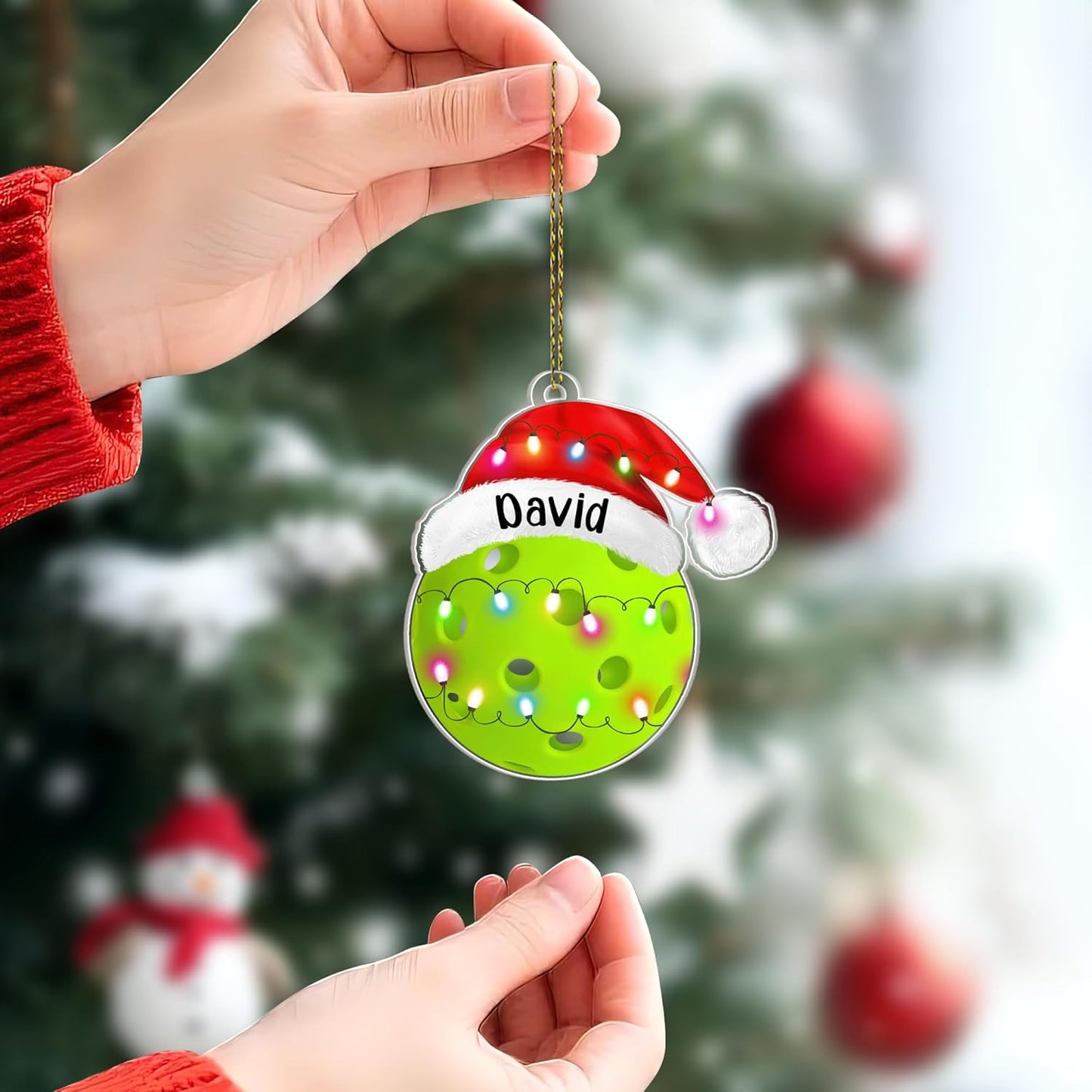 Pickleball ball with Santa hat cut acrylic ornament – personalized 2D flat silhouette, custom name holiday gift for pickleball player, coach or fan