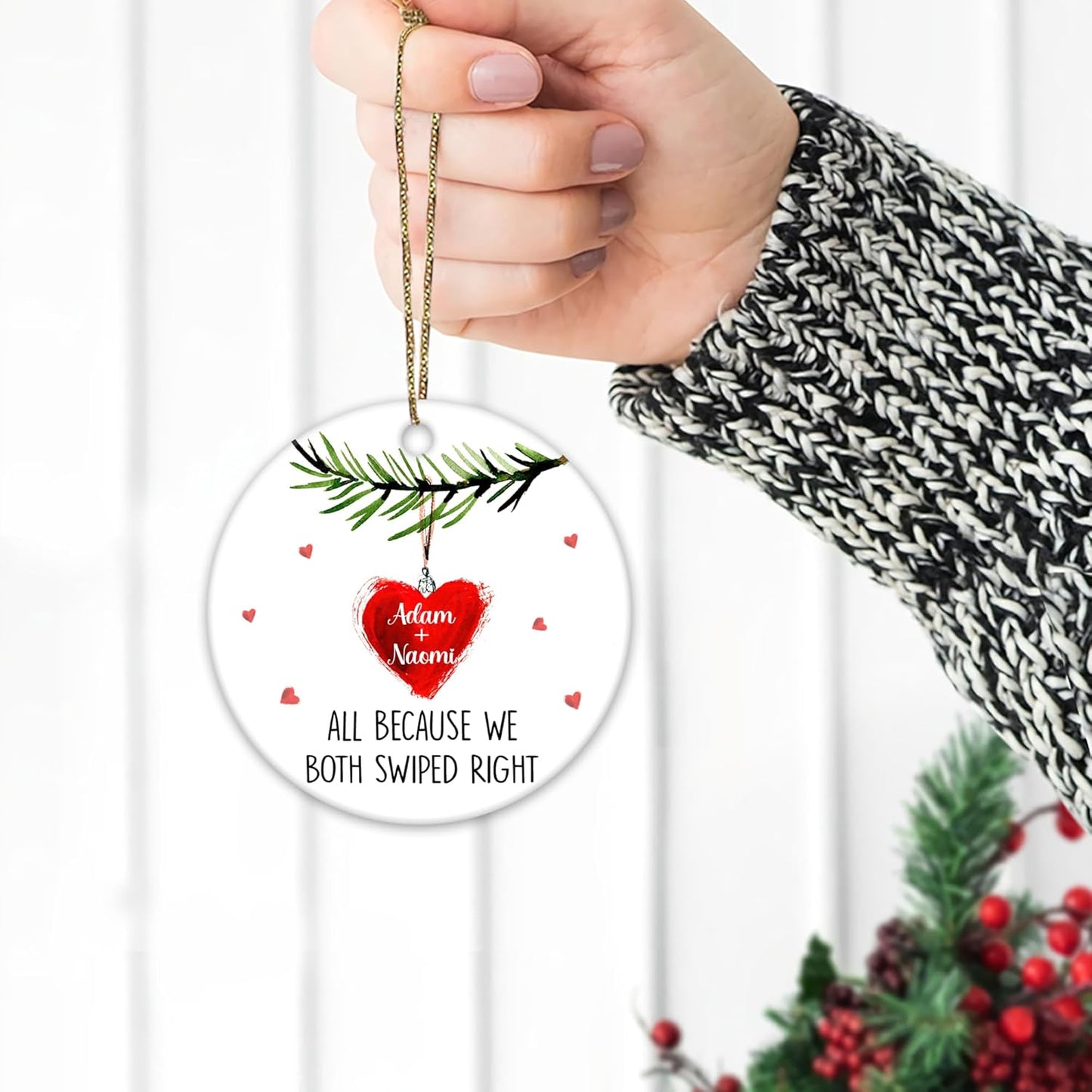 “Swiped Right” Heart Ceramic Ornament – Personalized Couple Christmas Gift for Boyfriend, Girlfriend, Husband or Wife