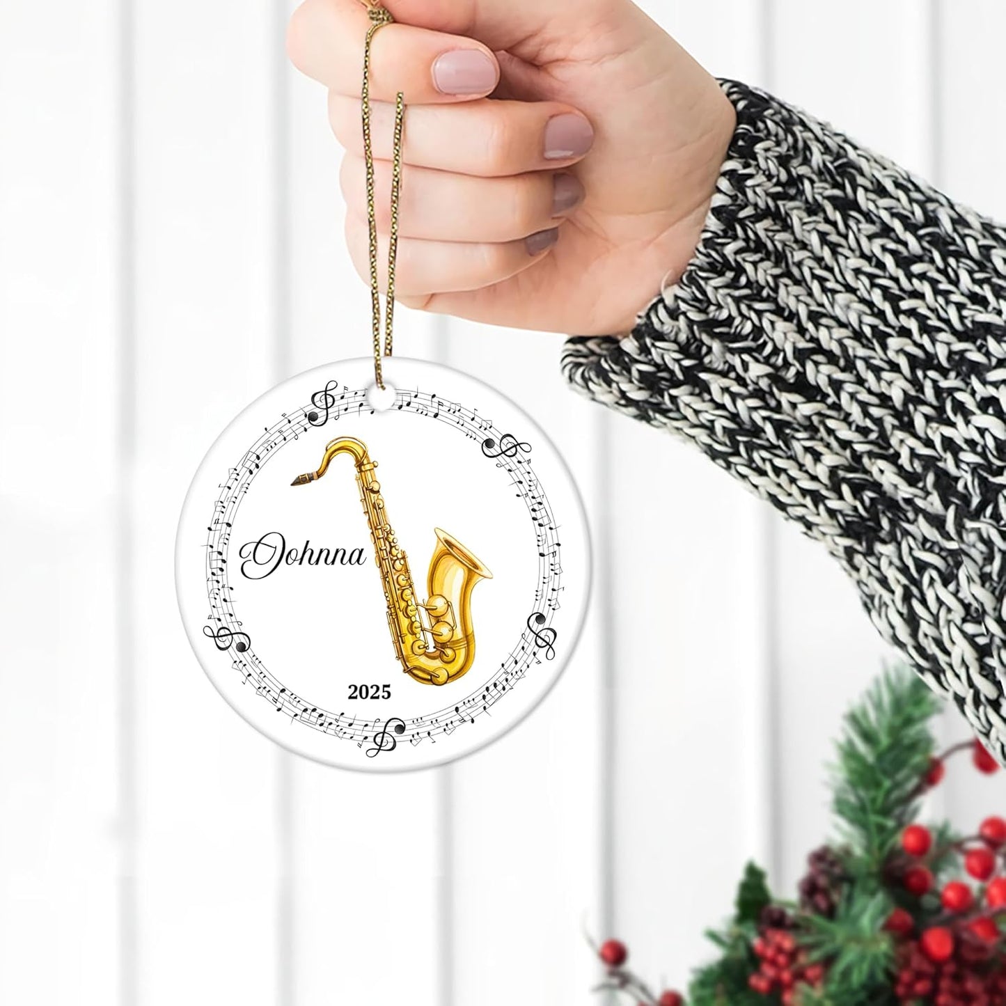 Saxophone with Music Notes Ceramic Ornament – Personalized Name, Custom Christmas Gift for Saxophonist, Band Member or Jazz Lover