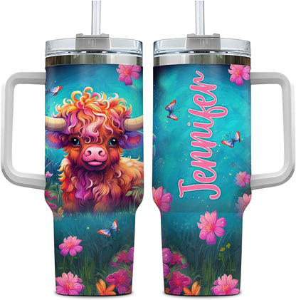 Highland Cow Floral Tumbler 40oz with Handle & Straw – Personalized Stainless Steel Insulated Cup with Lid – Creative Gift for Animal Lovers