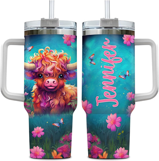 Highland Cow Floral Tumbler 40oz with Handle & Straw – Personalized Stainless Steel Insulated Cup with Lid – Creative Gift for Animal Lovers