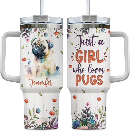 Cute Pug Lover Tumbler 40oz with Handle & Straw – Personalized Stainless Steel Travel Cup with Lid – Gift for Dog Lovers