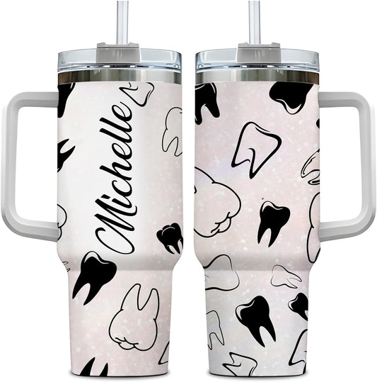 Dentist Themed Tumbler 40oz with Handle & Straw – Personalized Stainless Steel Travel Cup with Lid – Fun Gift for Dental Professionals