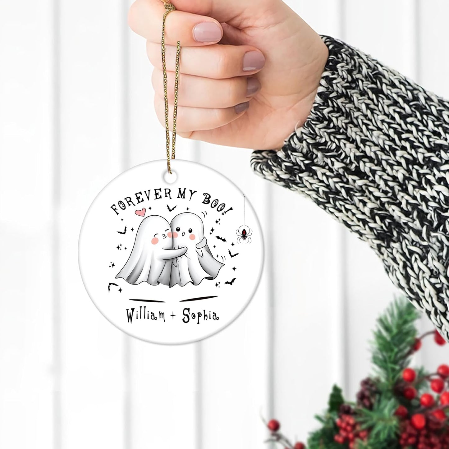 Cute Ghost Couple Ceramic Circle Ornament – Personalized Halloween or Anniversary Gift for Couples, Newlyweds or Goth-Loving Sweethearts