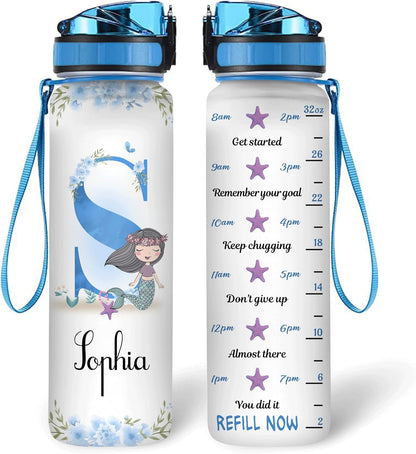 Mermaid Ocean Lover 32oz Water Bottle Tracker – Personalized Hydration Bottle with Time Marker – Fantasy Gift for Women & Girls