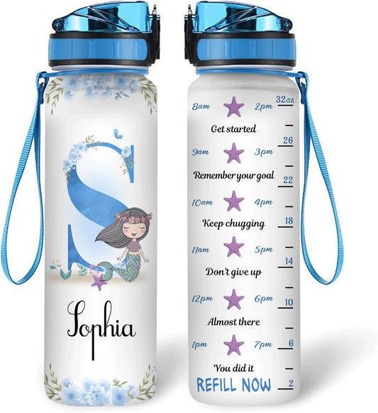 Mermaid Ocean Lover 32oz Water Bottle Tracker – Personalized Hydration Bottle with Time Marker – Fantasy Gift for Women & Girls
