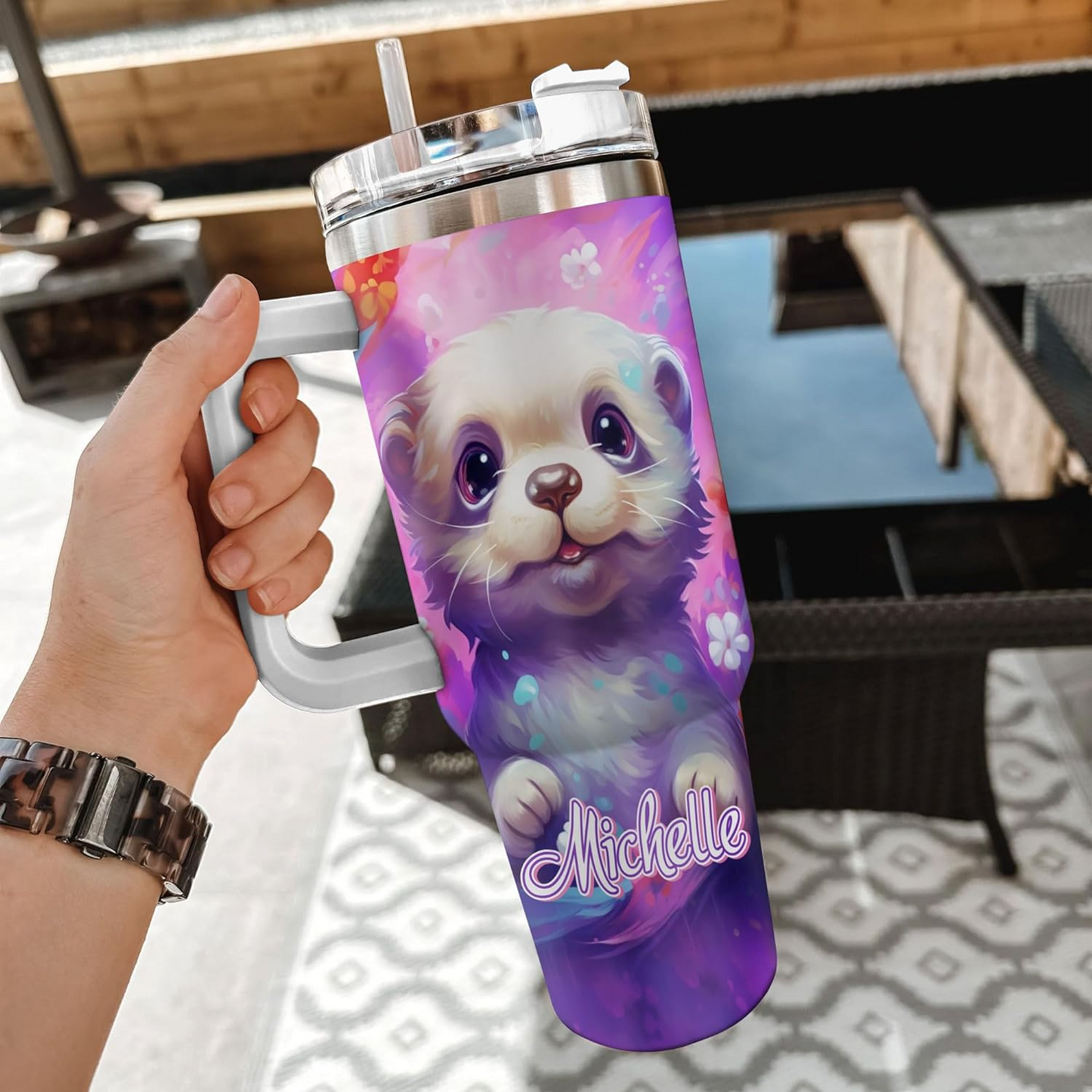 Otter Lover Tumbler 40oz with Handle & Straw – Personalized Stainless Steel Insulated Travel Cup with Lid – Cute Birthday Gift for Animal Lovers