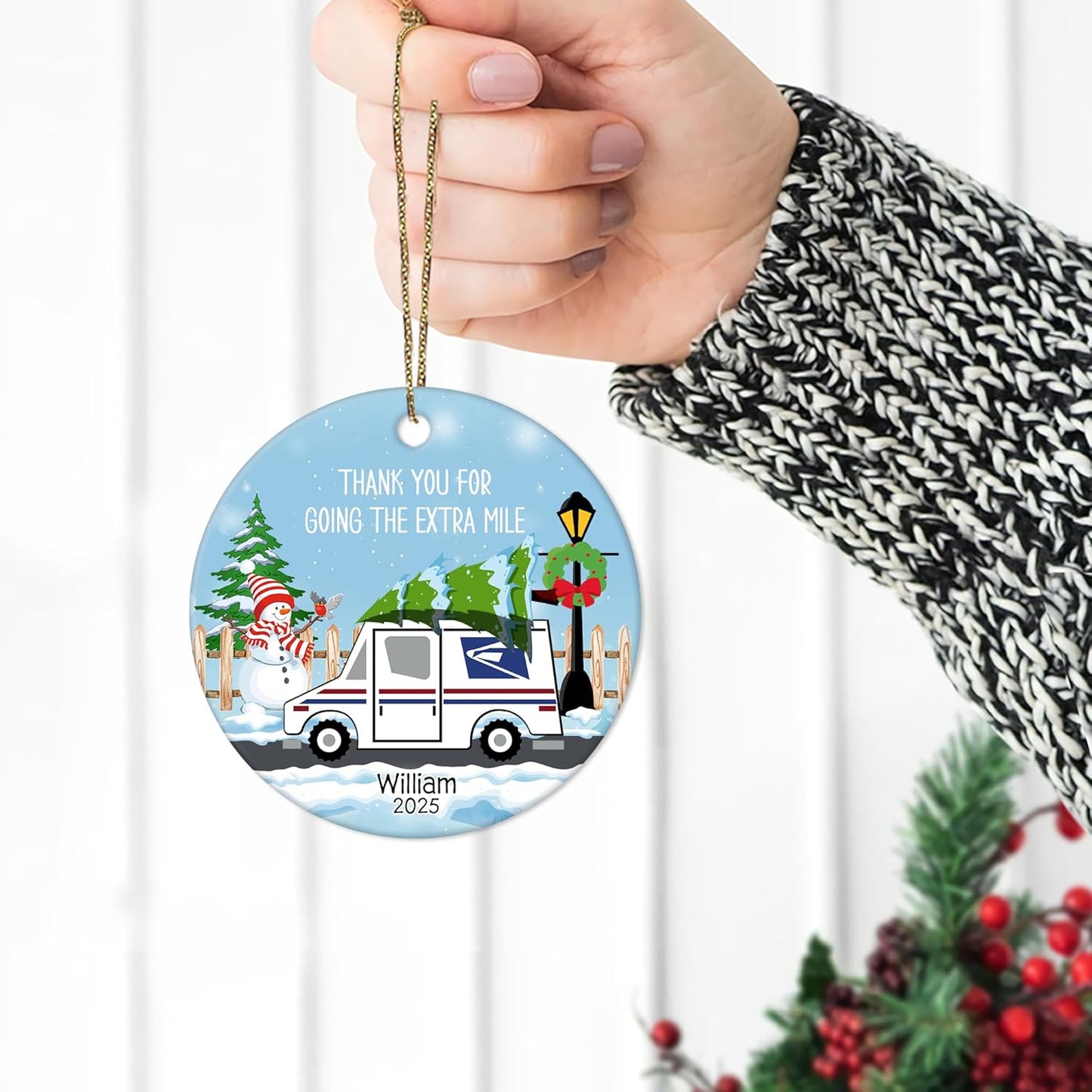 Mail Carrier Snowy Route Ceramic Circle Ornament – Personalized Christmas Thank-You Gift for Postal Worker, Delivery Driver or Mailman Appreciation