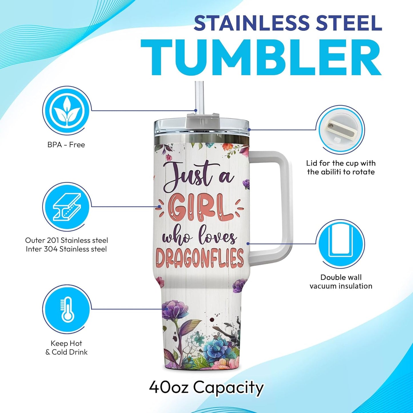 Dragonfly Lover Tumbler 40oz with Handle & Straw – Personalized Stainless Steel Travel Cup with Lid – Artistic Gift for Nature Lovers