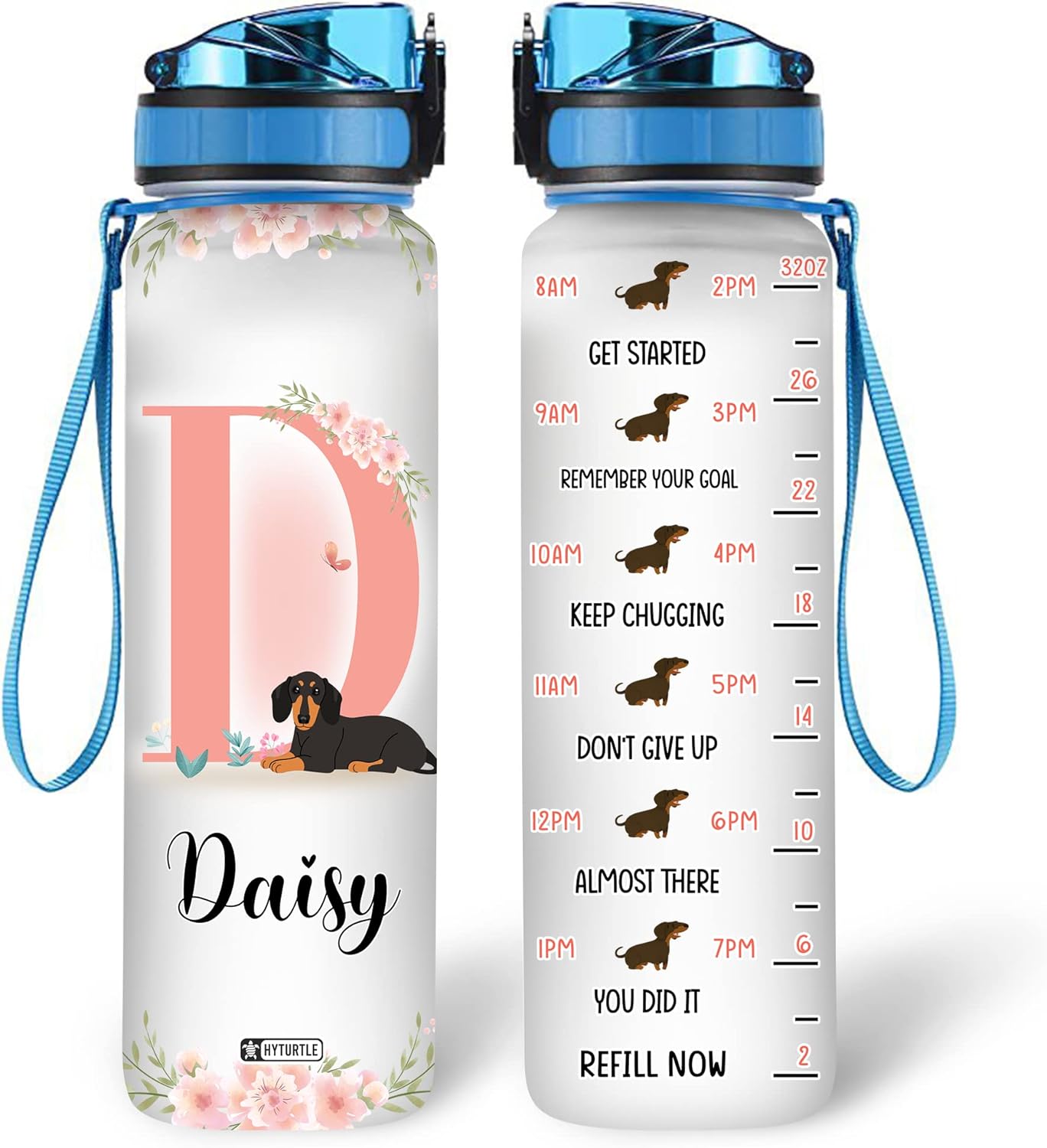 Cute Dachshund Floral Pattern - Personalized Water Tracker Bottle 32oz