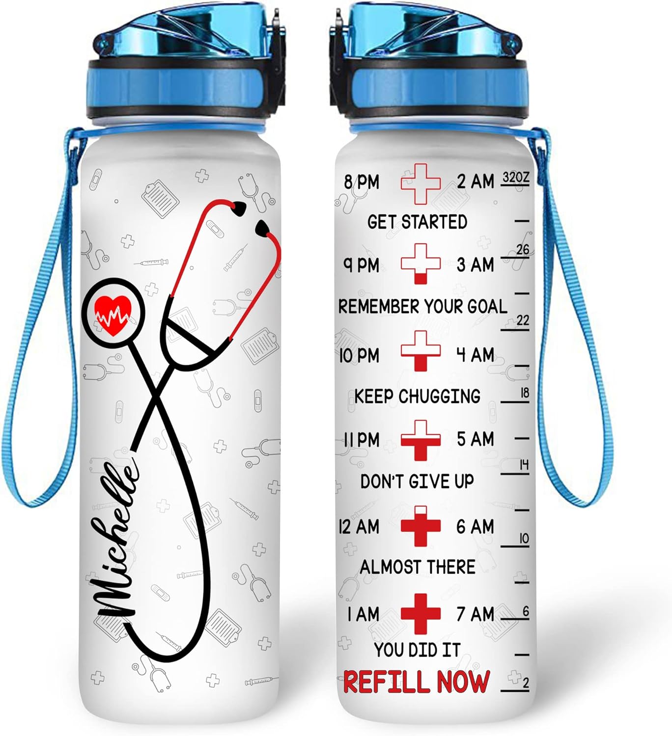 Nurse Stethoscope Bottle - Personalized Water Tracker Bottle 32oz