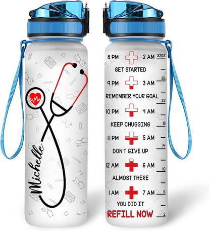 Nurse Stethoscope Water Bottle Tracker 32oz – Personalized Graduation Appreciation Gift for Nurses & Healthcare Lovers