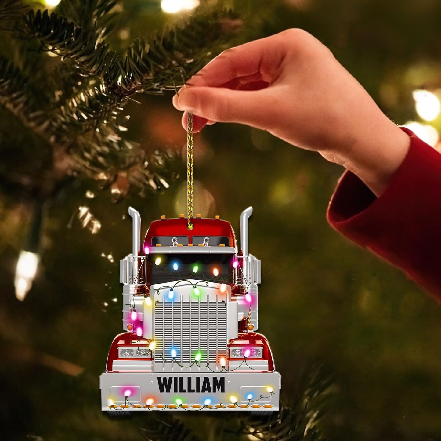 Red Christmas Truck Light Cut Acrylic Ornament – Personalized Trucker Tree Decoration Gift for Men, Husband, or Coworker