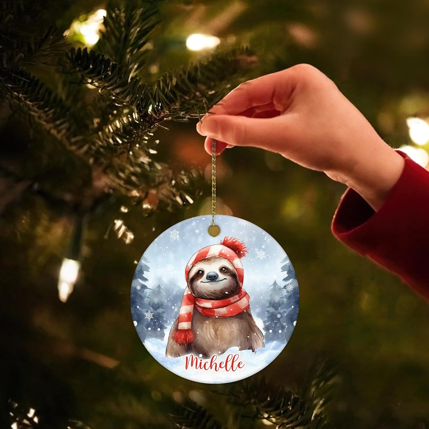 Snowy Sloth Scarf Ceramic Ornament – Personalized Name, Custom Christmas or Birthday Gift for Sloth Lover, Women and Teens