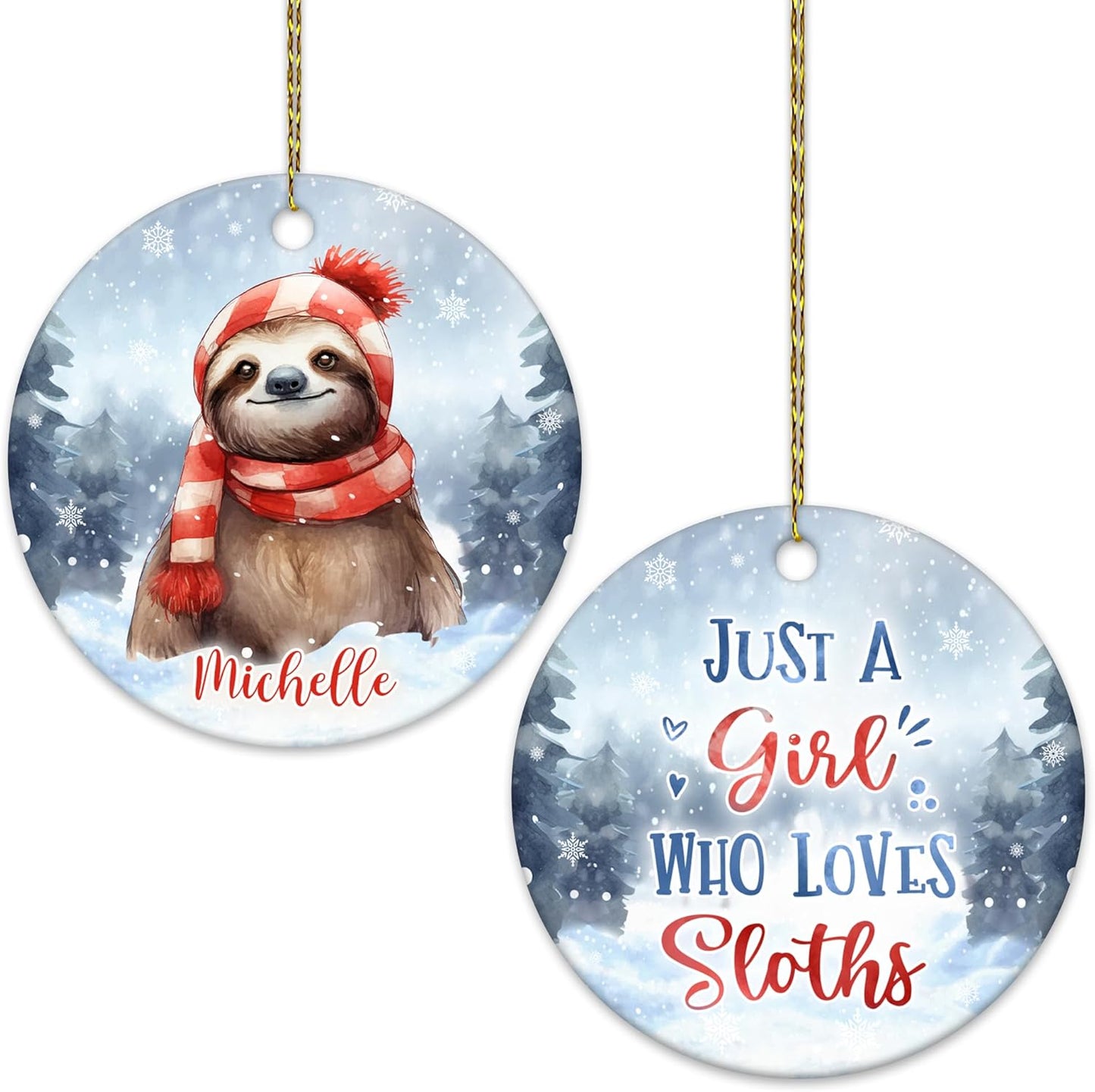 Snowy Sloth Scarf Ceramic Ornament – Personalized Name, Custom Christmas or Birthday Gift for Sloth Lover, Women and Teens
