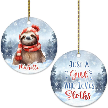 Snowy Sloth Scarf Ceramic Ornament – Personalized Name, Custom Christmas or Birthday Gift for Sloth Lover, Women and Teens