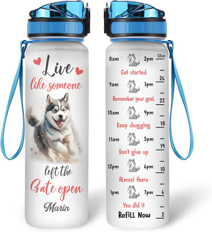 Husky Dog Water Bottle Tracker 32oz – Personalized Motivational Tritan Plastic Bottle with Time Marker – Unique Gift for Dog Lovers