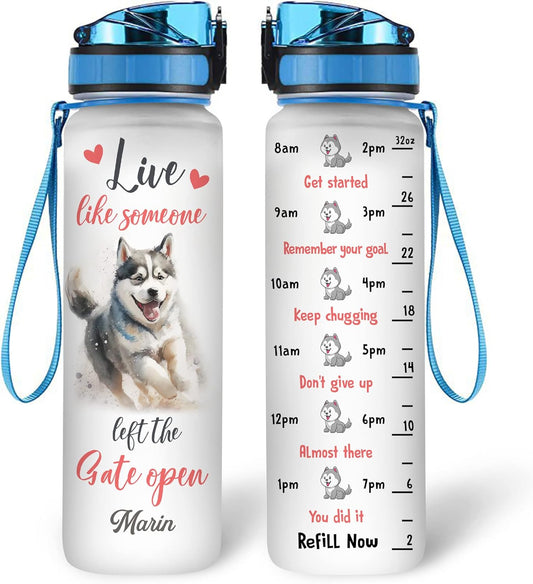 Husky Dog Water Bottle Tracker 32oz – Personalized Motivational Tritan Plastic Bottle with Time Marker – Unique Gift for Dog Lovers