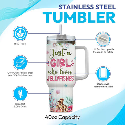 Watercolor Jellyfish 40oz Tumbler with Handle & Straw – Personalized Stainless Steel Insulated Travel Cup with Lid – Stylish Gift for Sea Life Lovers