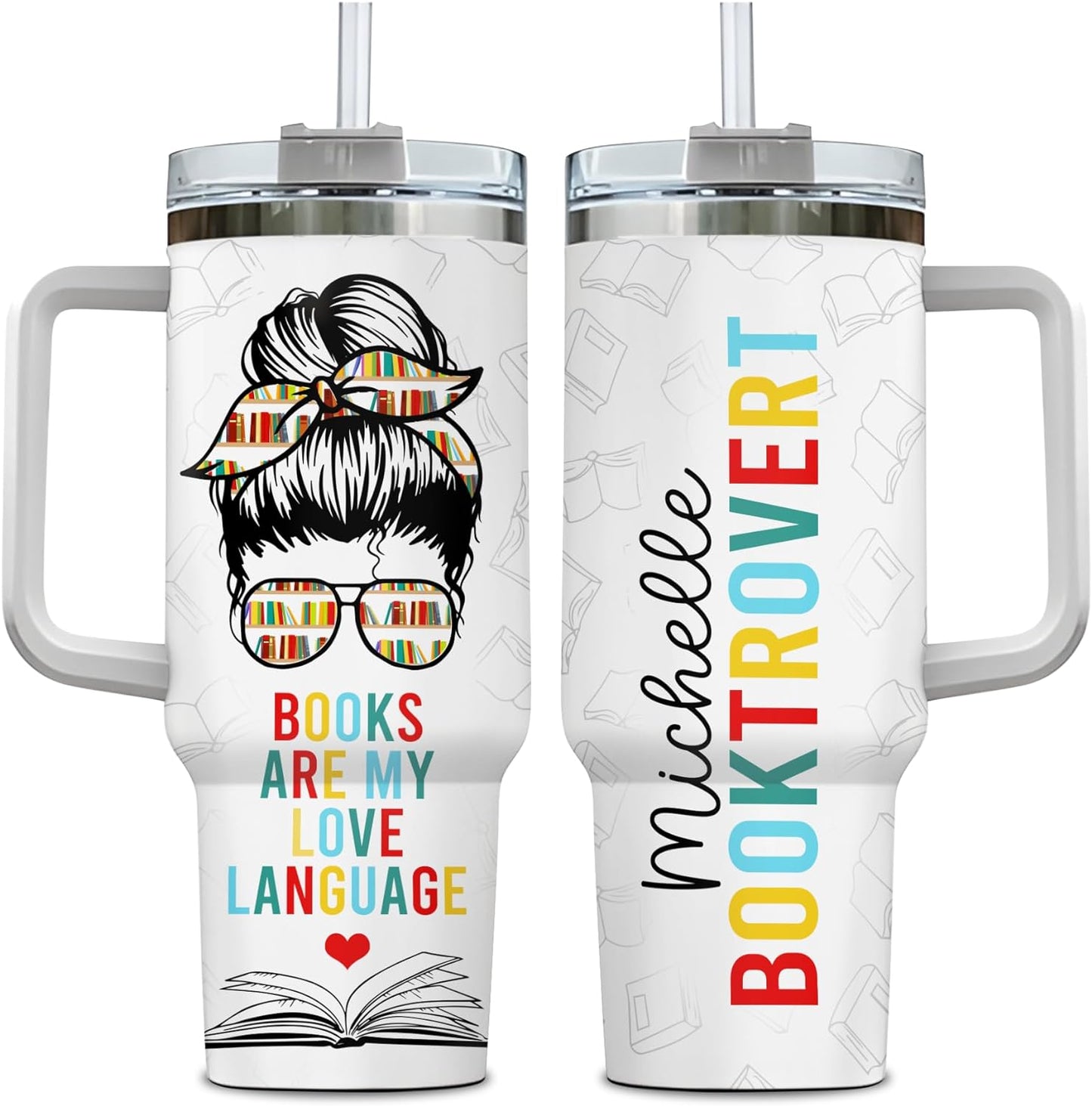Booktrovert Tumbler 40oz with Handle & Straw – Personalized Stainless Steel Insulated Travel Cup with Lid – Fun Gift for Book Lovers