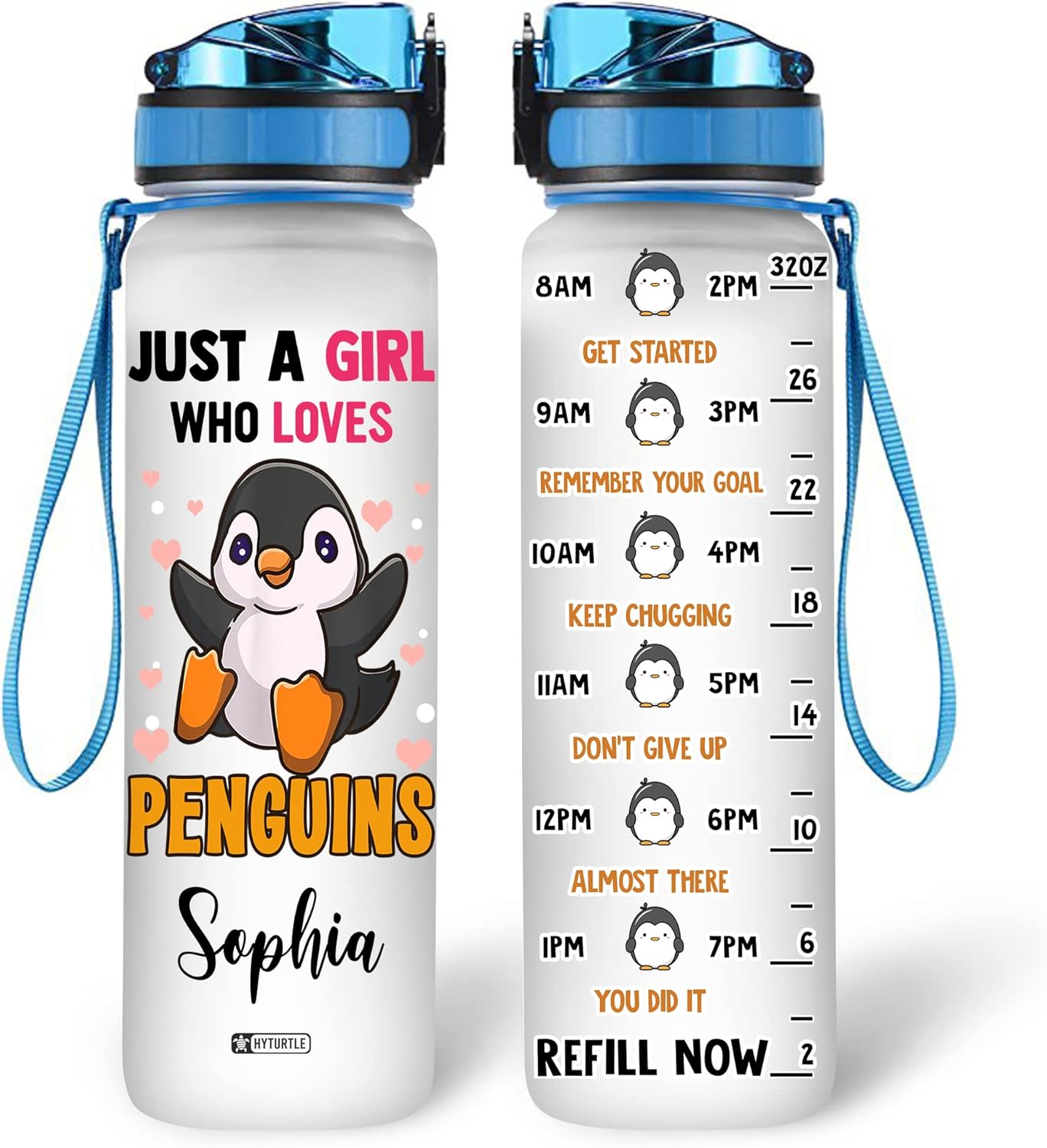 Penguin Lover Water Bottle Tracker 32oz Personalized – Cute Motivational Daily Bottle with Time Marker – Unique Gift for Women & Kids
