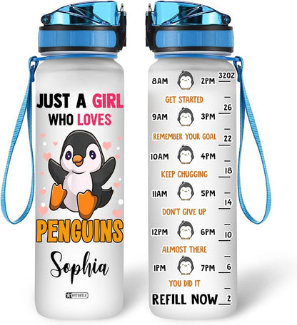 Penguin Lover Water Bottle Tracker 32oz Personalized – Cute Motivational Daily Bottle with Time Marker – Unique Gift for Women & Kids