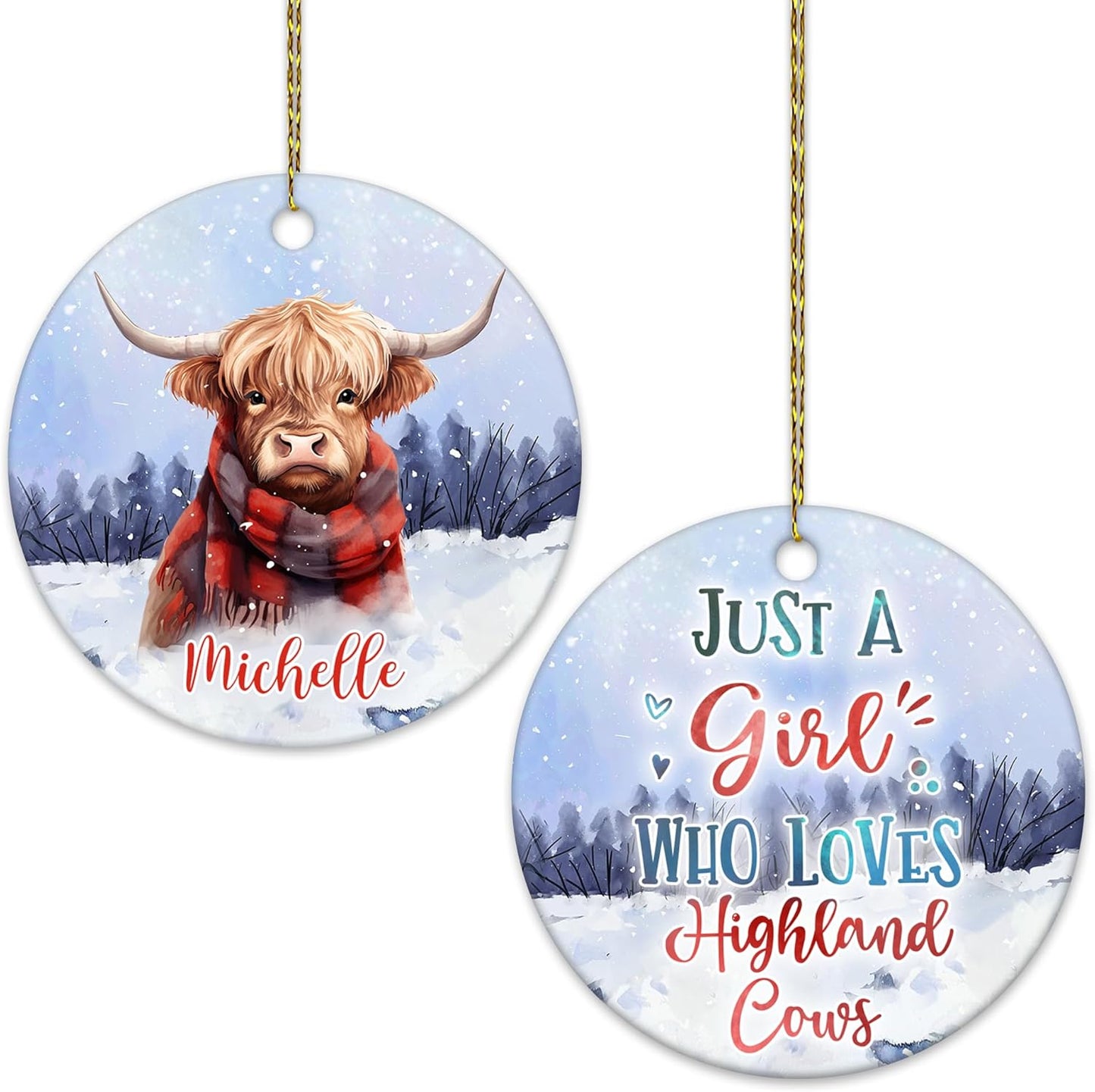 Highland Cow Scarf Ceramic Circle Ornament – Personalized Christmas Gift for Ranch Family or Highland Cow Lover, Cozy Winter Tree Decor