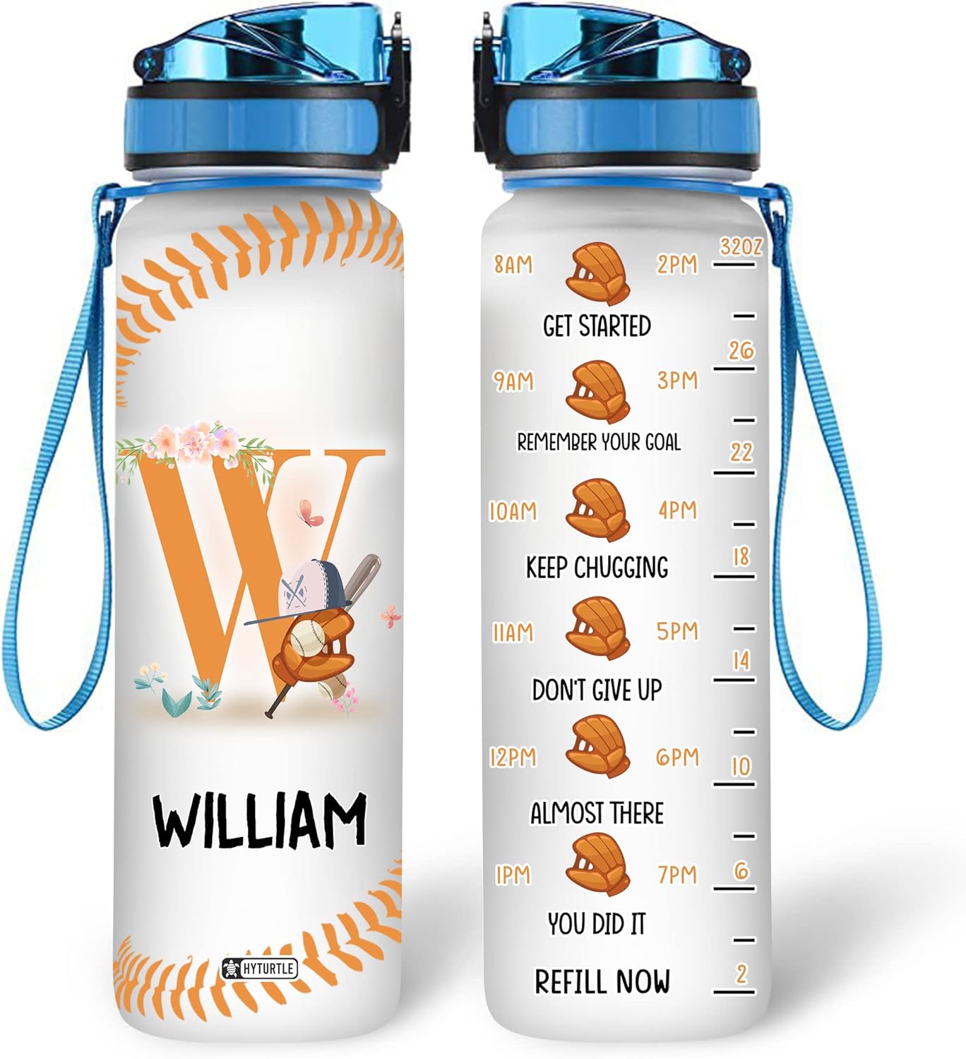 Baseball Floral Pattern - Personalized Water Tracker Bottle 32oz