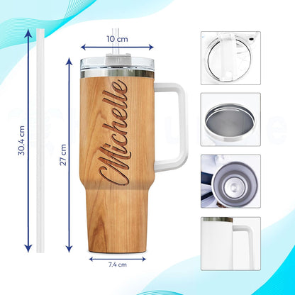 Rustic Wood Owl Tumbler 40oz with Handle & Straw – Personalized Stainless Steel Insulated Cup with Lid – Unique Gift for Owl Lovers