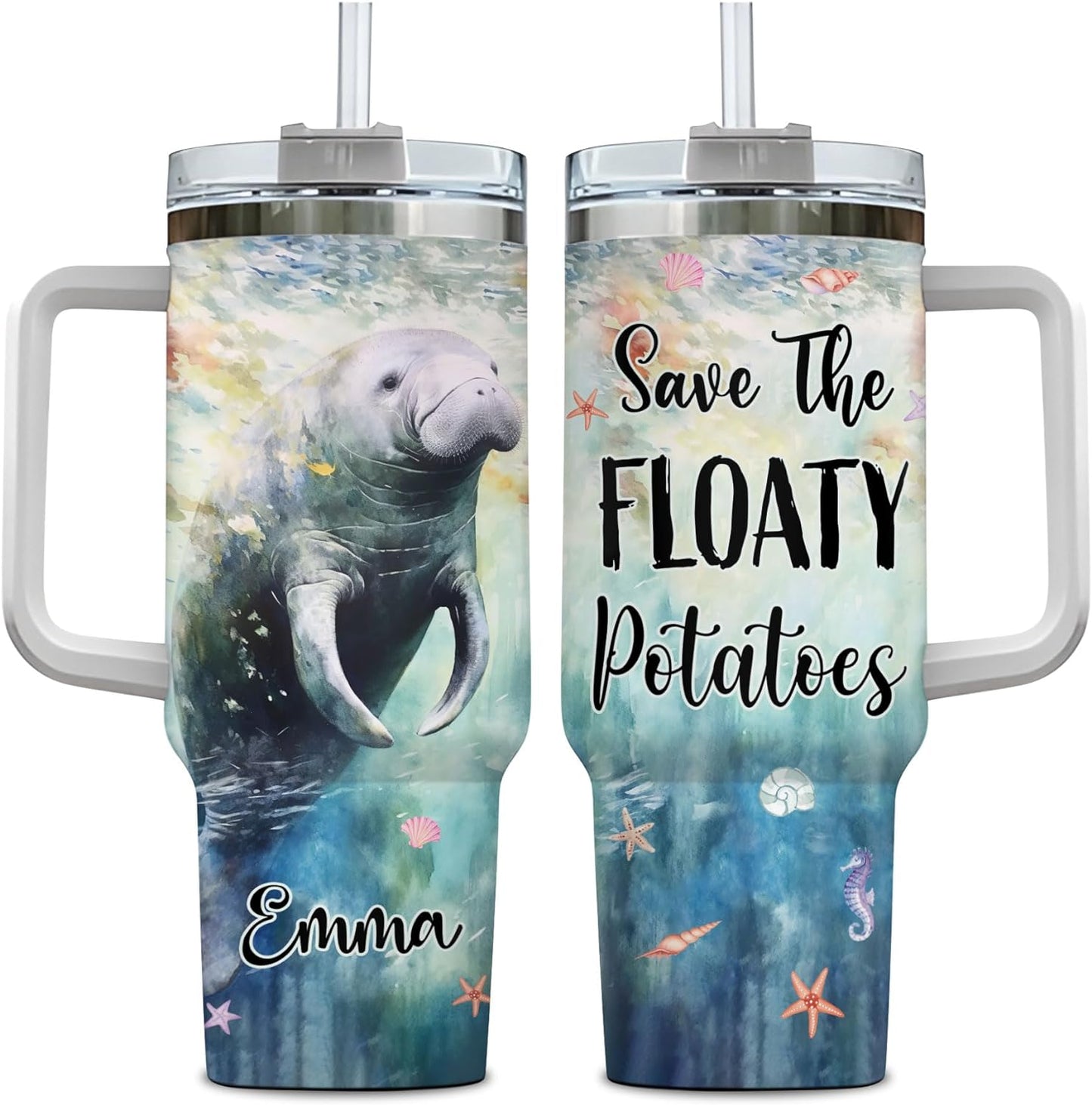 Manatee Lover Tumbler 40oz with Handle & Straw – Personalized Stainless Steel Insulated Travel Cup with Lid – Cute Sea Animal Gift for Women & Girls