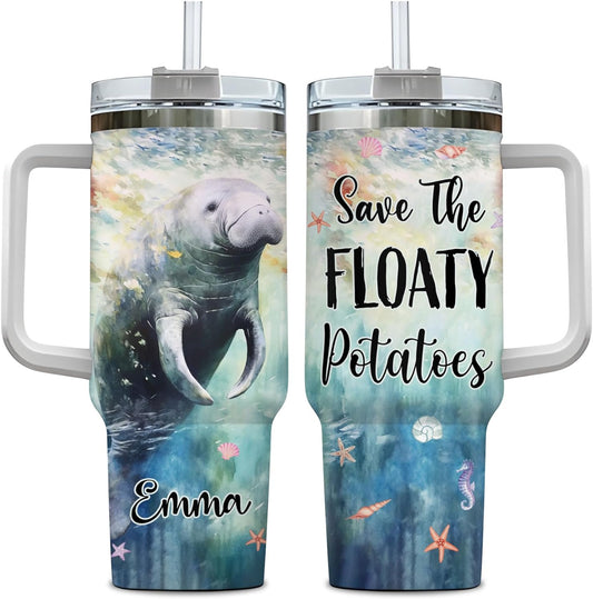Manatee Lover Tumbler 40oz with Handle & Straw – Personalized Stainless Steel Insulated Travel Cup with Lid – Cute Sea Animal Gift for Women & Girls