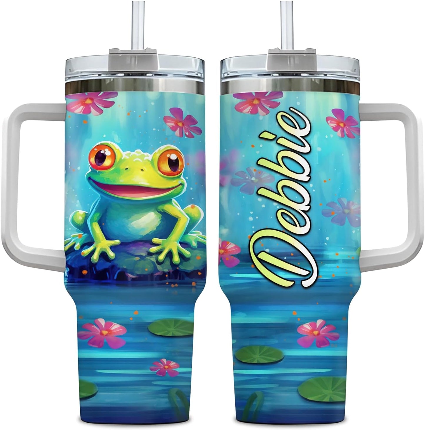 Frog Lover Tumbler 40oz with Handle & Straw – Personalized Stainless Steel Insulated Travel Cup with Lid – Cute Gift for Animal Lovers & Kids