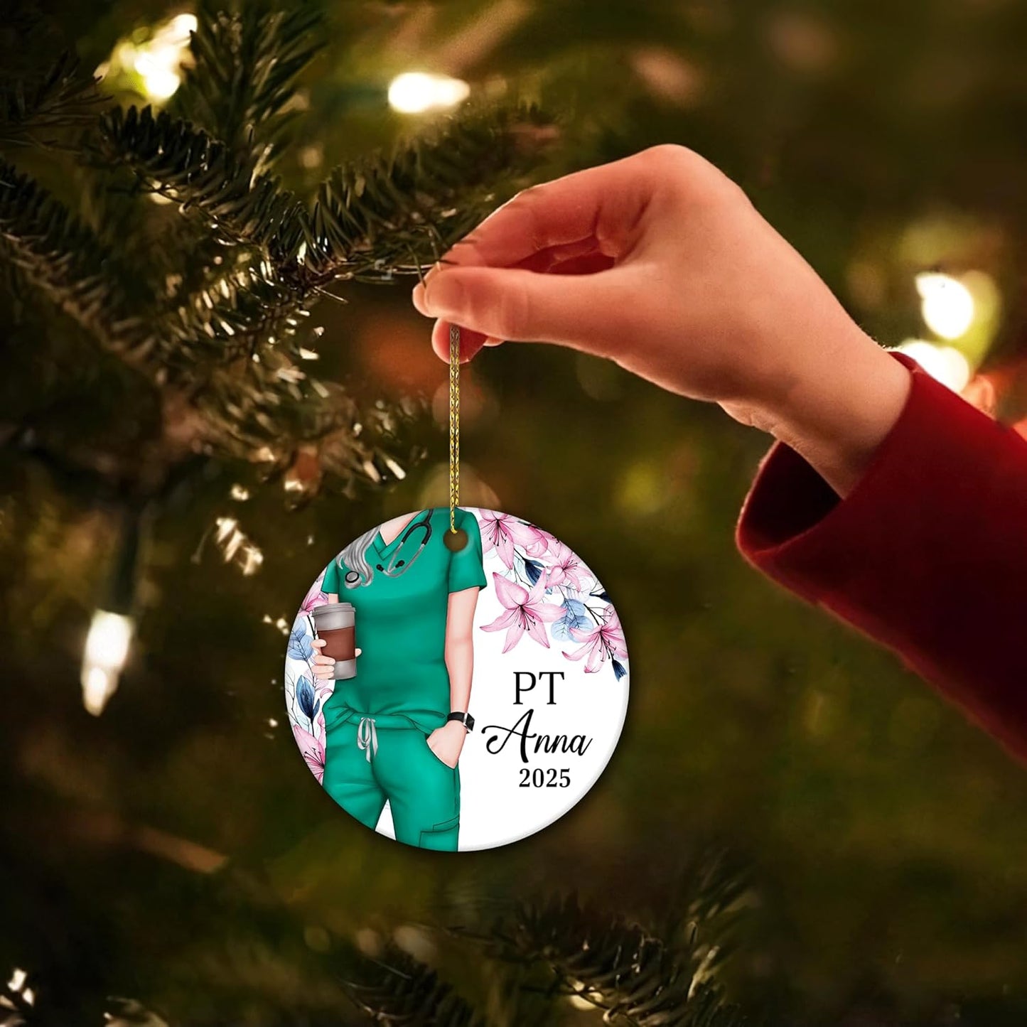 Physical Therapist Scrubs Floral Ceramic Circle Ornament – Personalized Christmas Gift for PT or PTA, Clinic Team Appreciation Decor