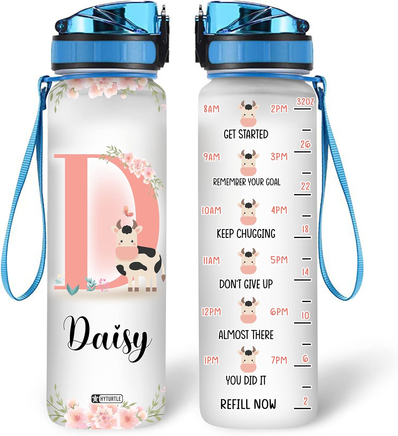 Cute Cow Floral Pattern - Personalized Water Tracker Bottle 32oz