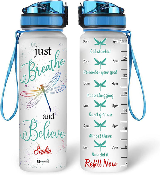 Just Breathe And Believe - Personalized Water Tracker Bottle 32oz
