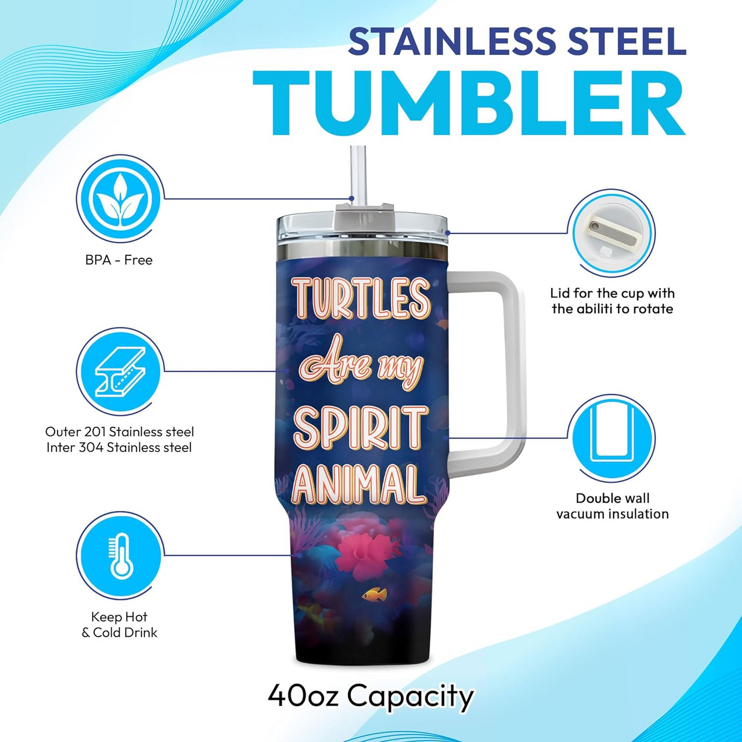 Sea Turtle Lover Tumbler 40oz with Handle & Straw – Personalized Stainless Steel Cup with Lid – Unique Gift for Ocean & Animal Lovers