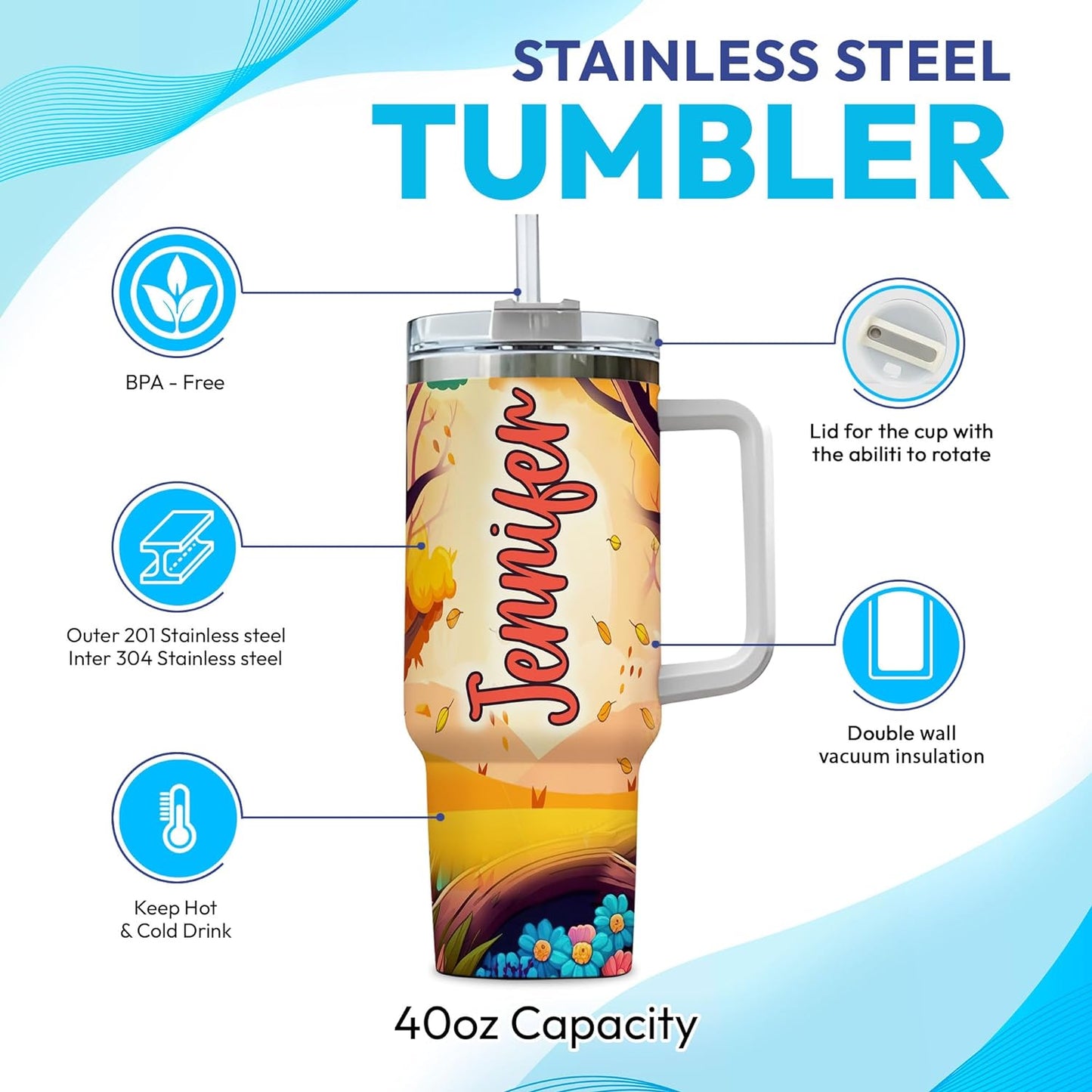 Colorful Owl Tumbler 40oz – Personalized Stainless Steel Insulated Travel Cup with Handle & Straw – Artistic Gift for Owl Lovers